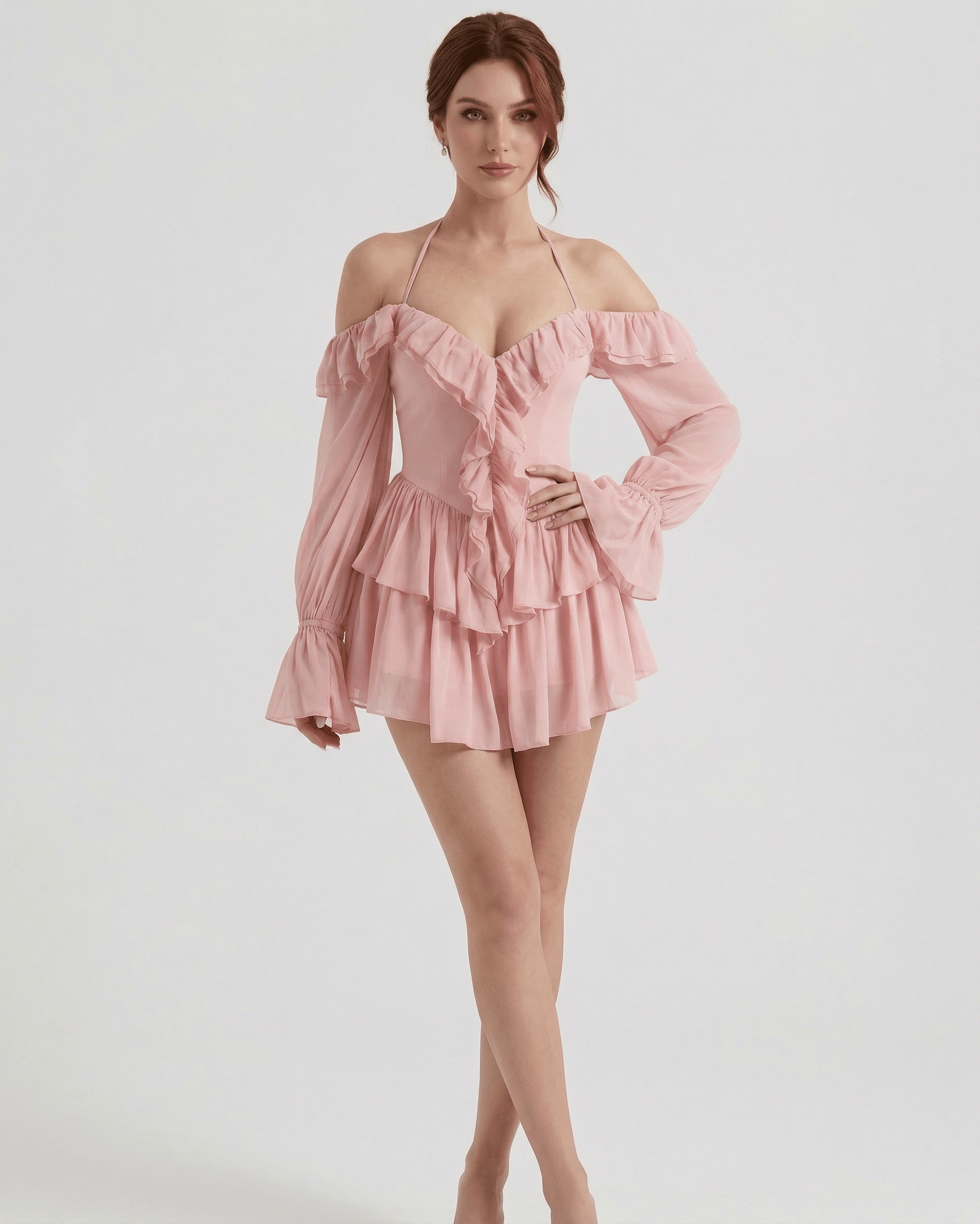 Waga Mini Dress in pink satin features ruffles and an elegant silhouette, perfect for romantic occasions by RAMBLION.