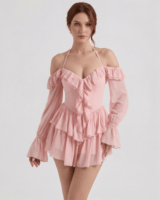 Waga Mini Dress by RAMBLION, pink satin halter dress with ruffle detailing, ideal for romantic occasions.
