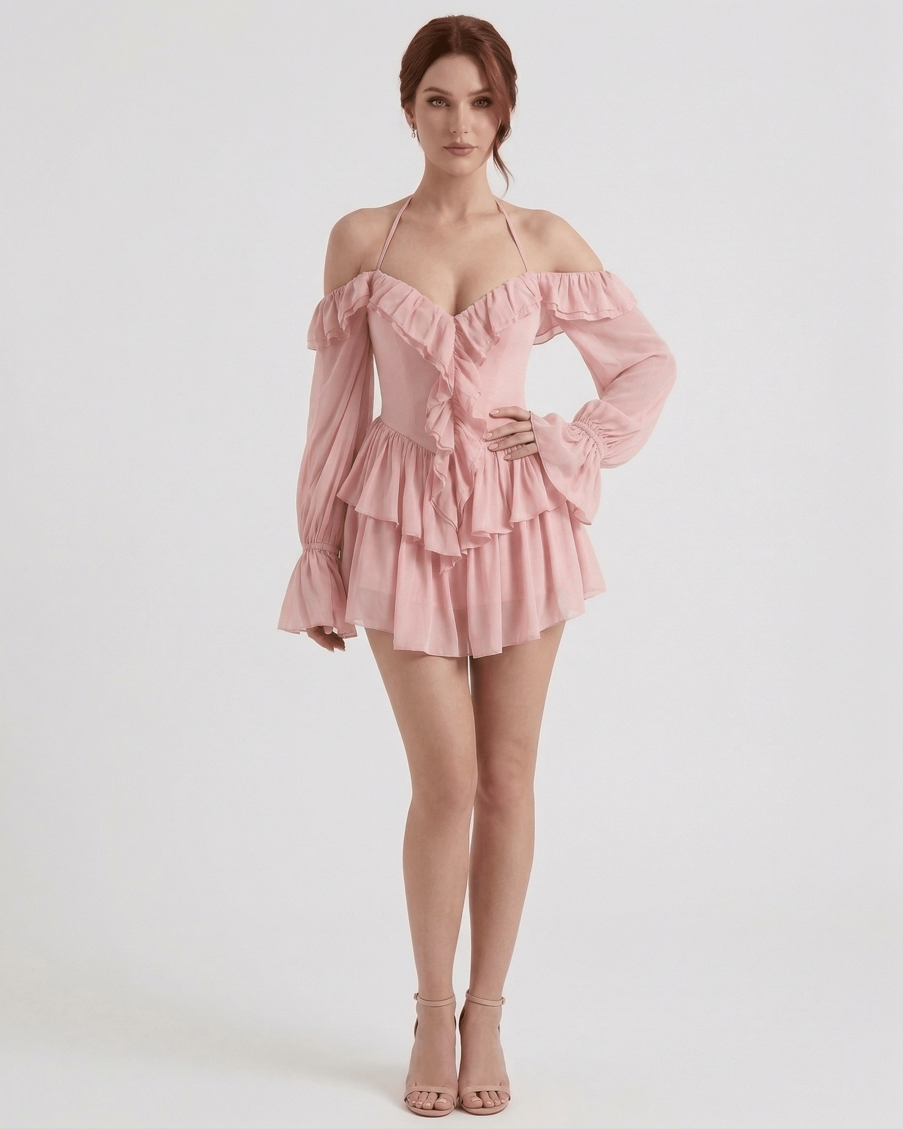 Waga Mini Dress in pink, 100% polyester satin, features playful ruffles, perfect for romantic occasions by RAMBLION.