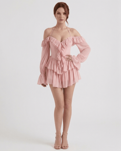 Waga Mini Dress in pink, 100% polyester satin, features playful ruffles, perfect for romantic occasions by RAMBLION.
