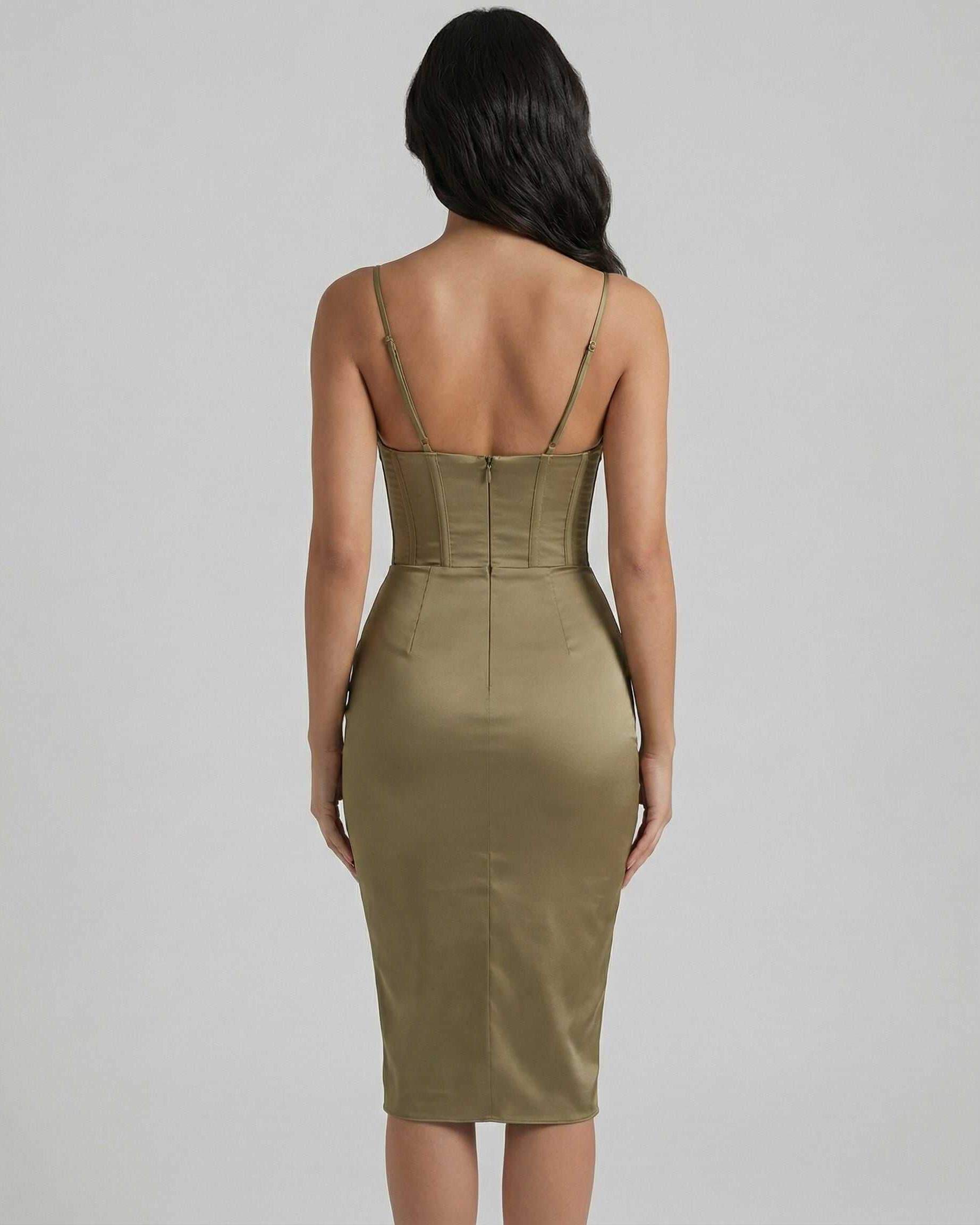 Back view of Wala Midi Dress in olive green satin, featuring cowl neck and fitted silhouette, perfect for elegant occasions by RAMBLION.