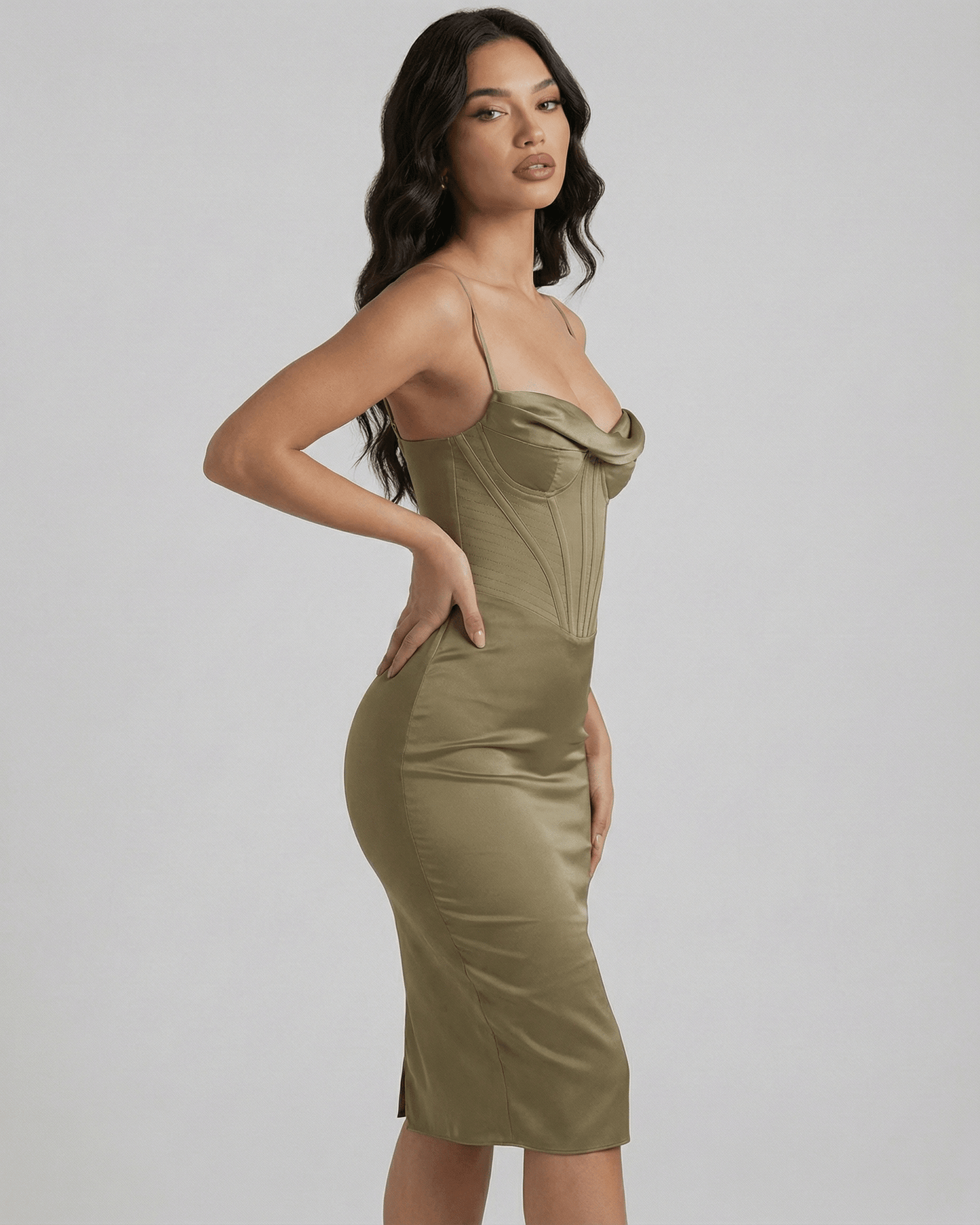 Wala Midi Dress in olive green, polyester satin with cowl neck, flattering silhouette for elegant occasions by RAMBLION.