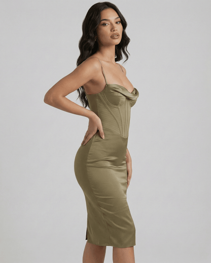 Wala Midi Dress in olive green, polyester satin with cowl neck, flattering silhouette for elegant occasions by RAMBLION.
