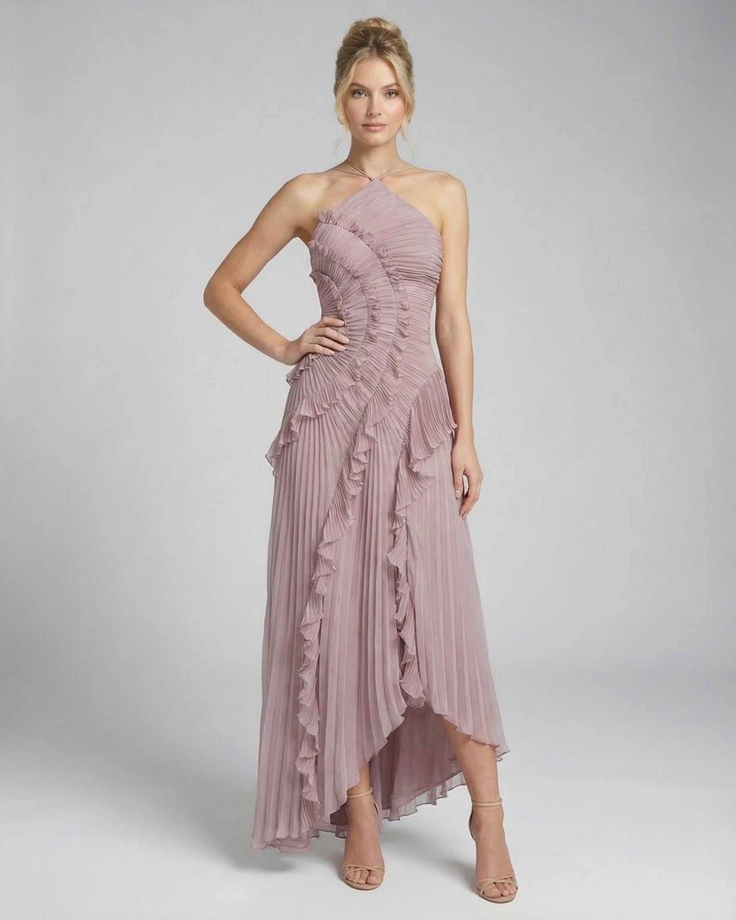 Wana Maxi Dress in pink satin with halter neck, ruffle accents for elegant occasions by RAMBLION.