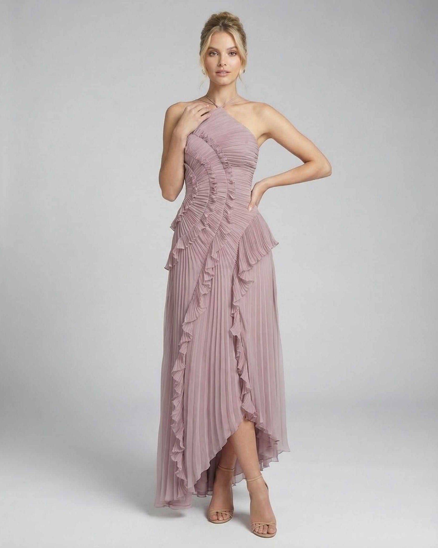 Wana Maxi Dress by RAMBLION, elegant halter neck, pleated ruffles, perfect for special occasions.