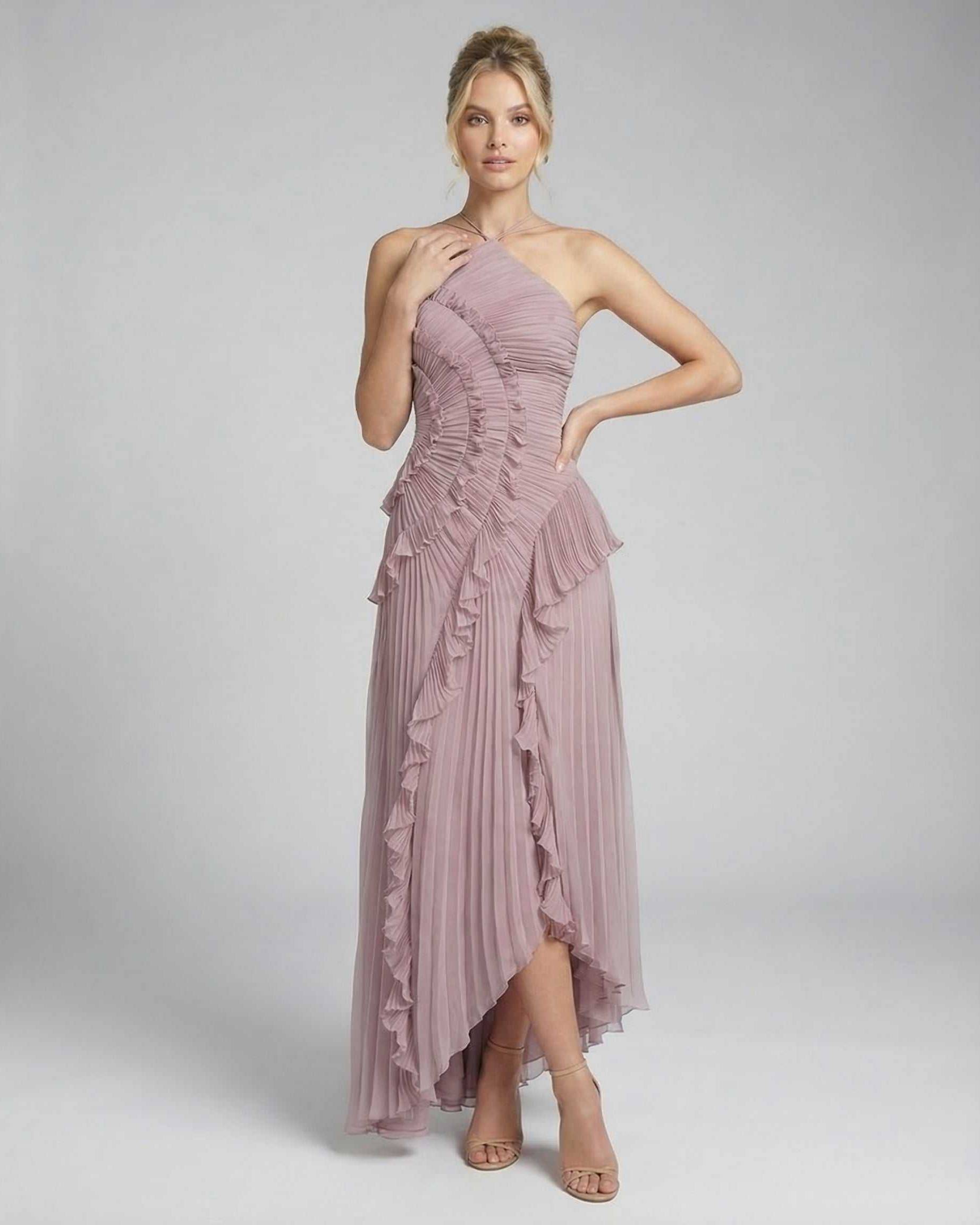 Wana Maxi Dress by RAMBLION, elegant halter neck, pleated ruffles, perfect for special occasions.