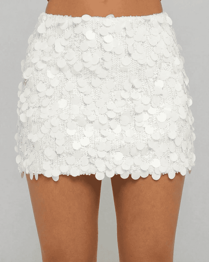Wana Mini Skirt by RAMBLION, white sequin overlay, perfect for parties, combines style and comfort.