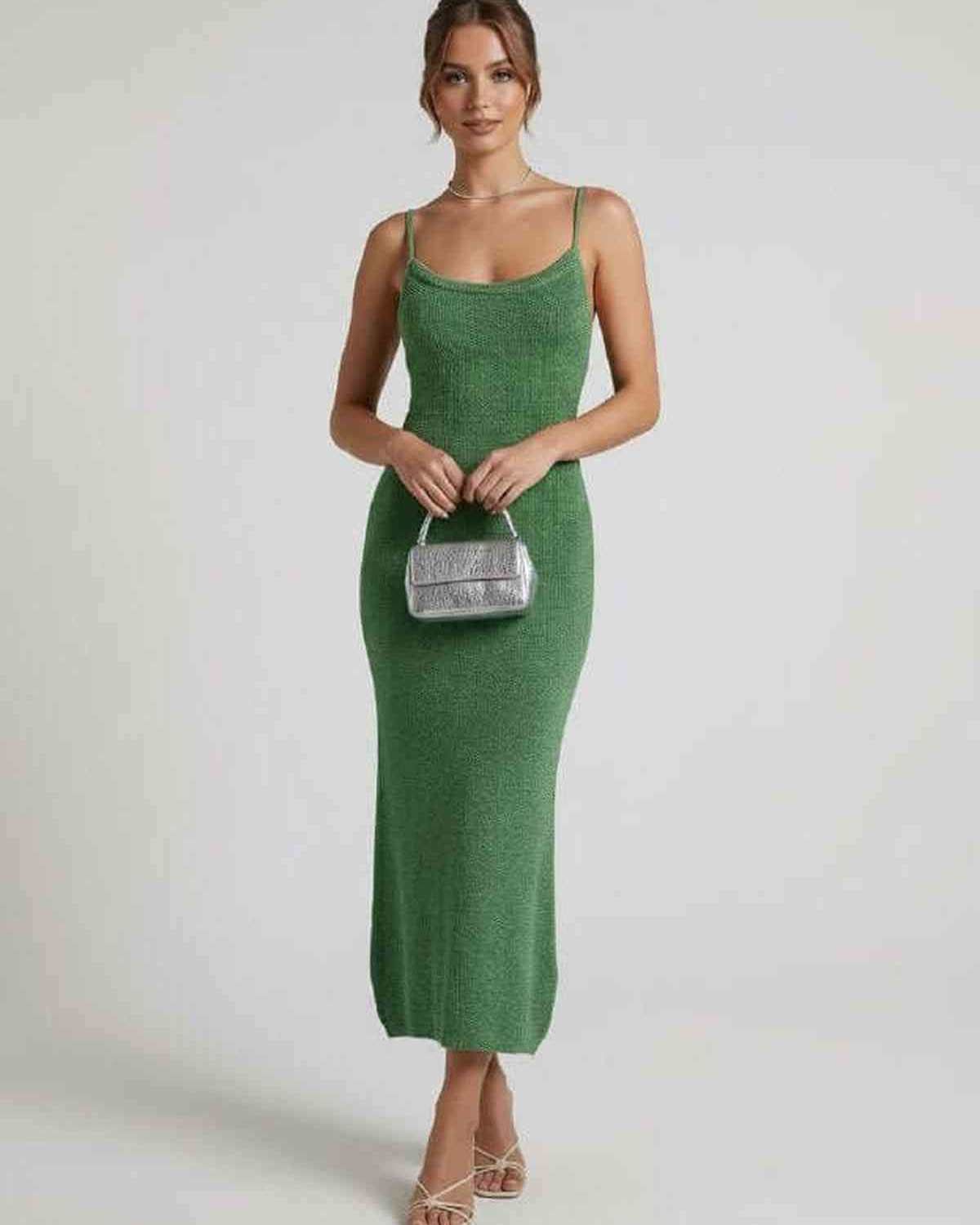 Wara Midi Dress - Green cotton dress with round neck, modern elegance for versatile occasions by RAMBLION.