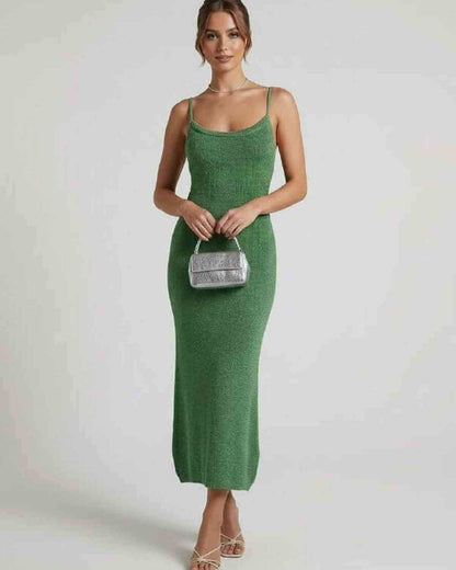 Wara Midi Dress - Green cotton dress with round neck, modern elegance for versatile occasions by RAMBLION.