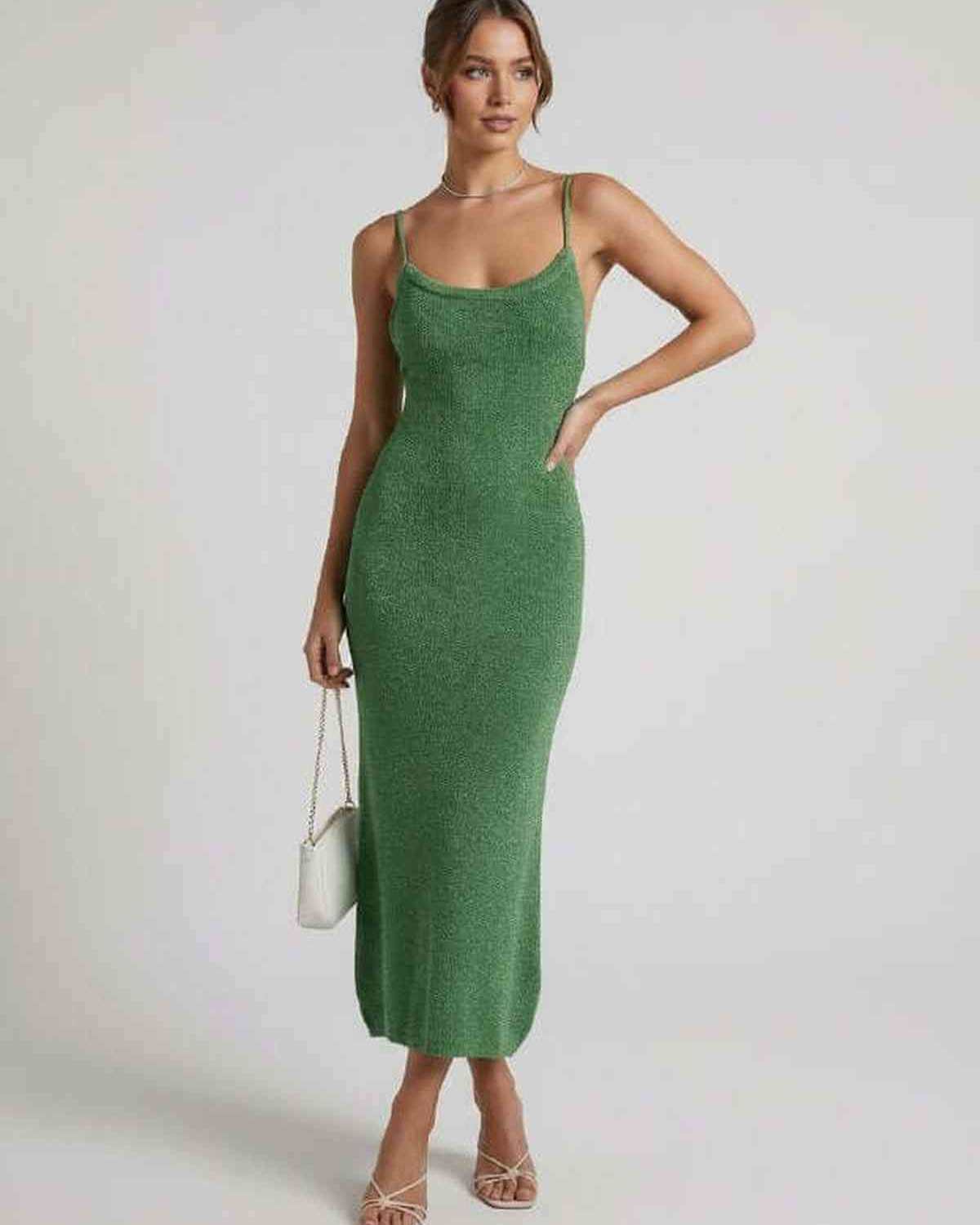 Wara Midi Dress by RAMBLION, green midi-length, soft touch, modern sophistication, perfect for various occasions.