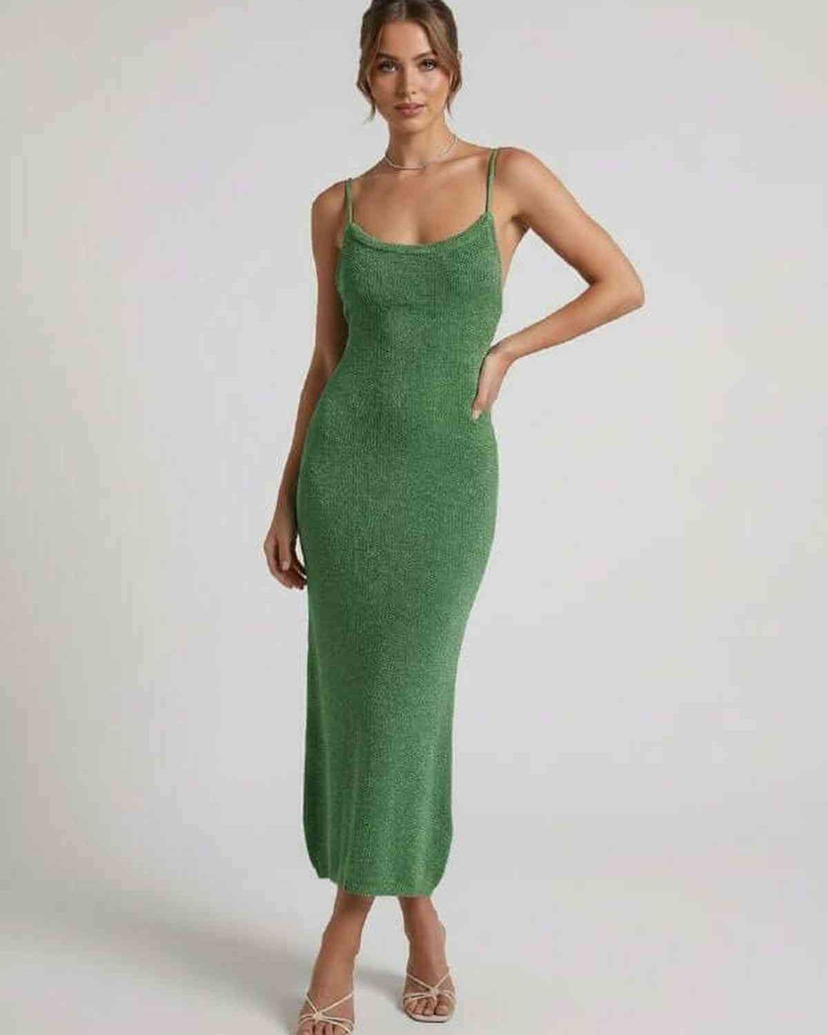 Wara Midi Dress by RAMBLION in vibrant green, featuring a round neck and perfect for versatile occasions.