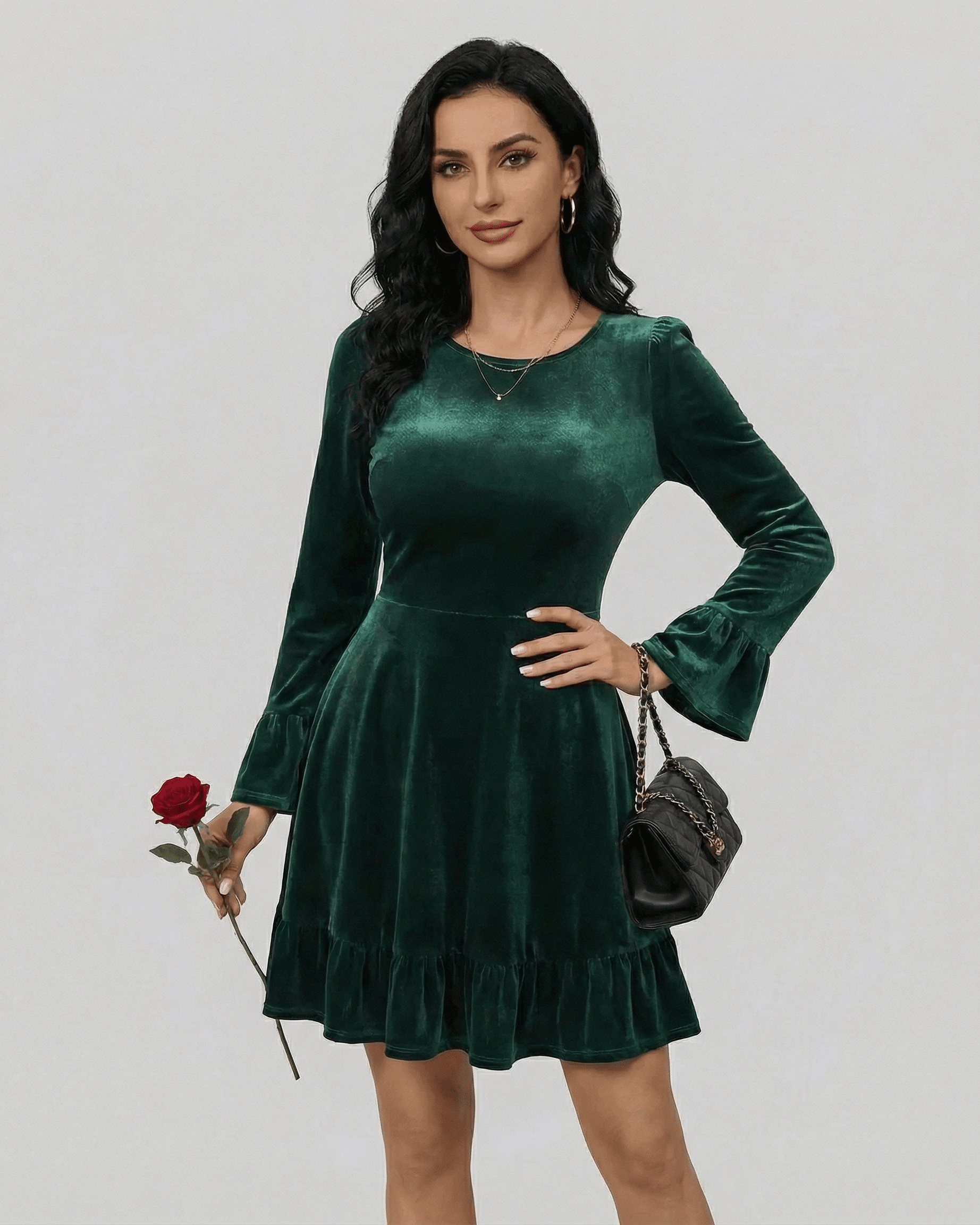 Wara Mini Dress in emerald green with round neck and A-line silhouette, perfect for autumn events. By RAMBLION.