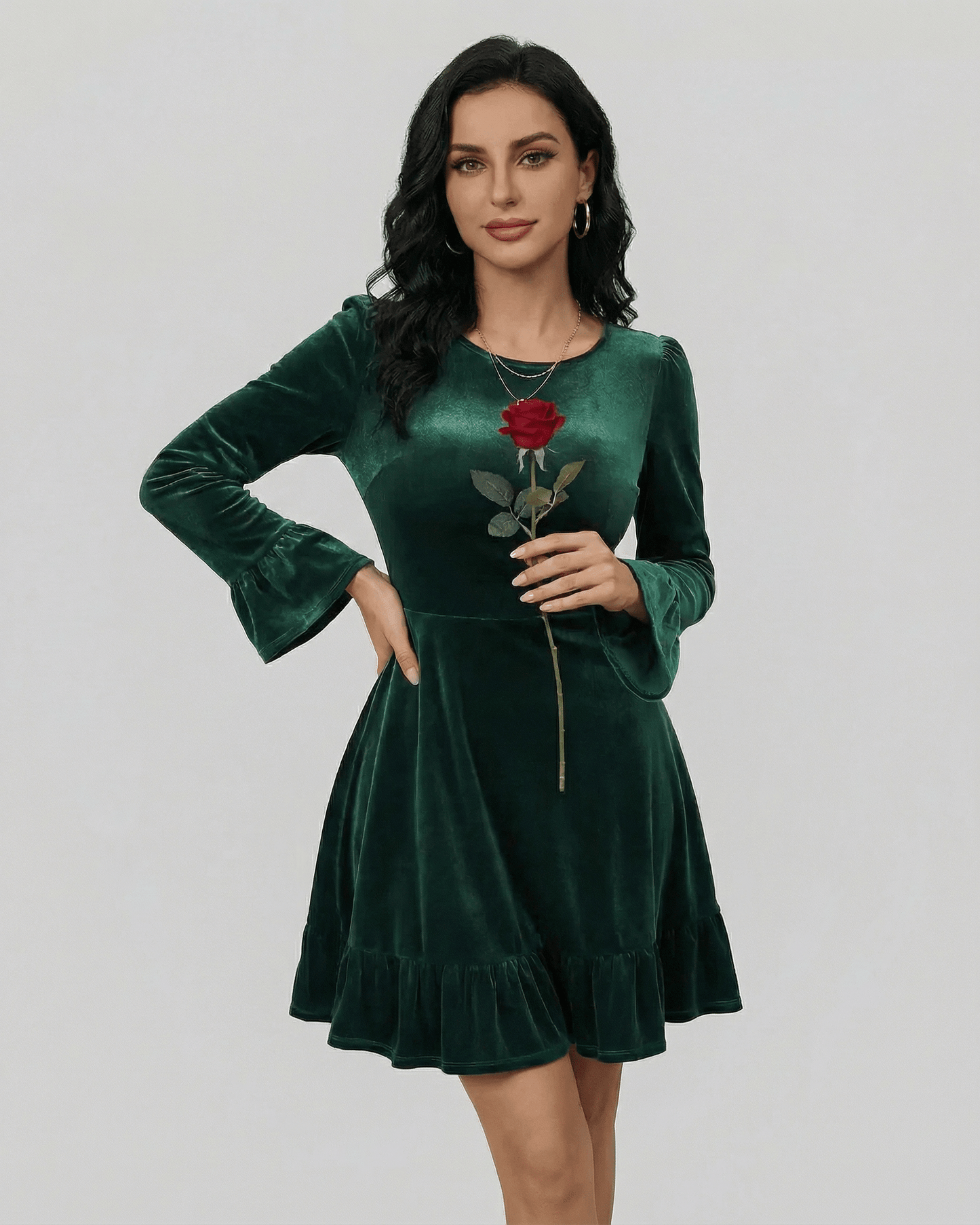 Wara Mini Dress in emerald green velvet, flared A-line silhouette, perfect for autumn, by RAMBLION.