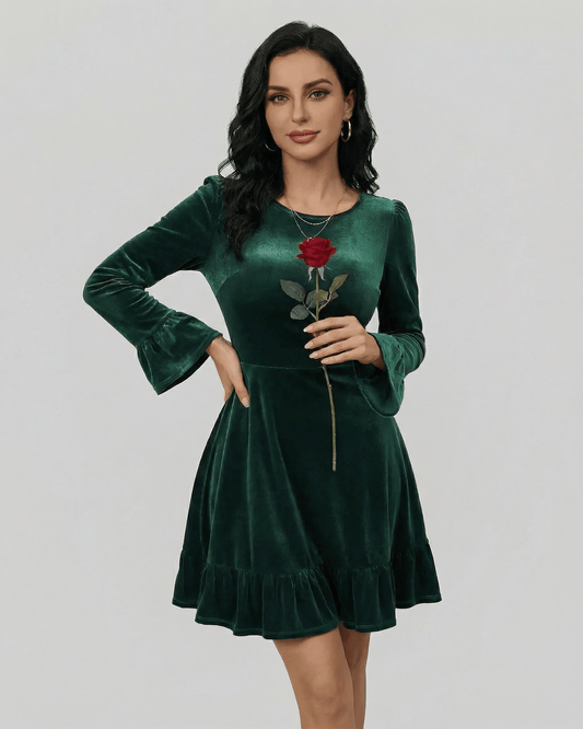 Wara Mini Dress in emerald green velvet, flared A-line silhouette, perfect for autumn, by RAMBLION.