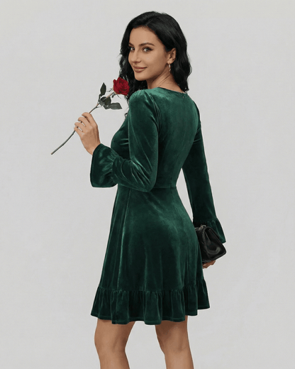 Wara Mini Dress by RAMBLION, emerald green cotton blend, chic A-line fit, perfect for autumn and winter, stylish elegance.