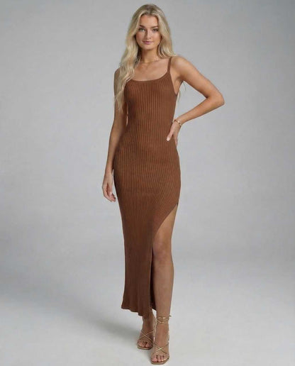 Washed Midi Dress by RAMBLION, brown ribbed design, elegant feel, perfect for summer events.
