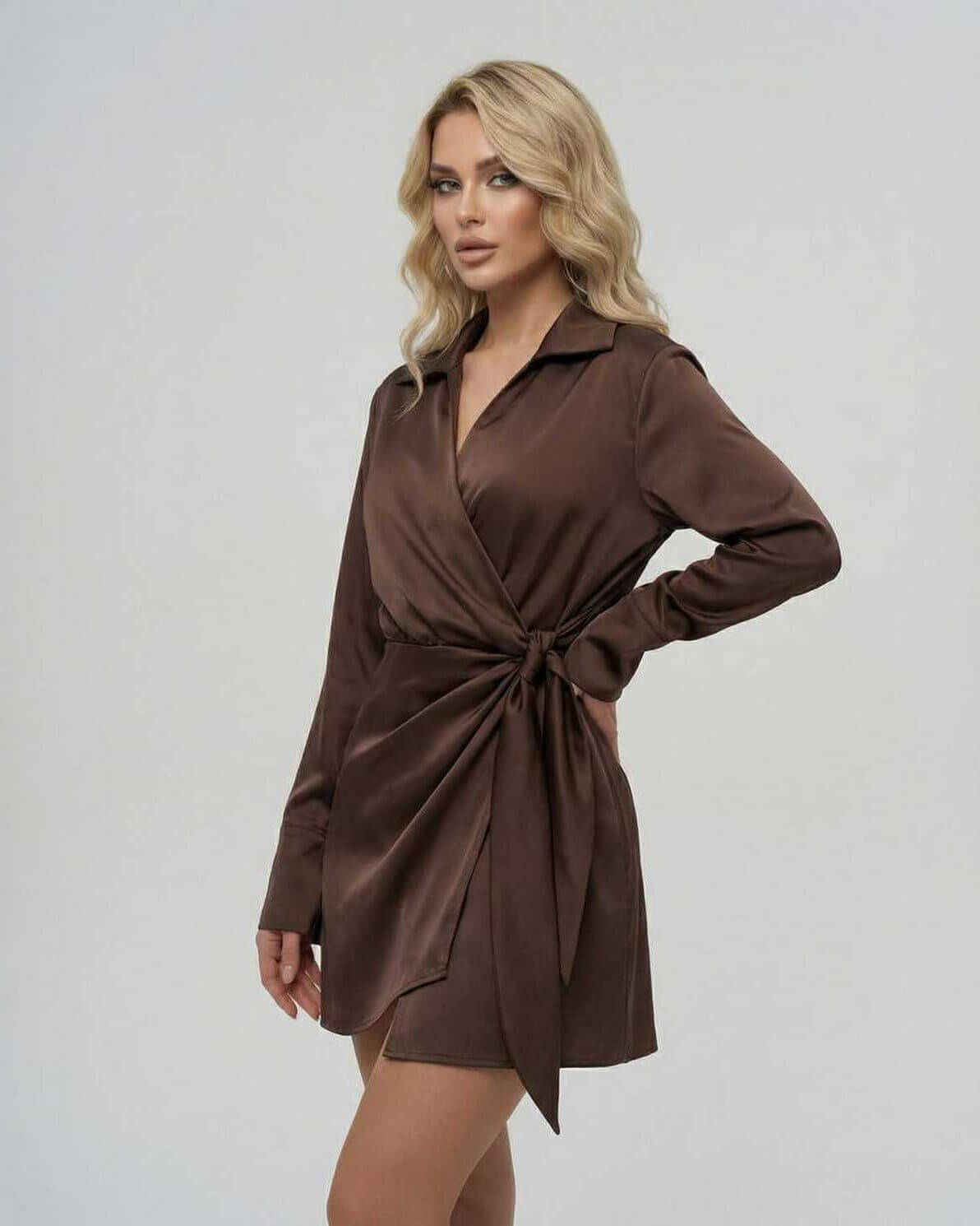 Washed Mini Dress by RAMBLION, brown satin, V neck, elegant for upscale events or casual gatherings.