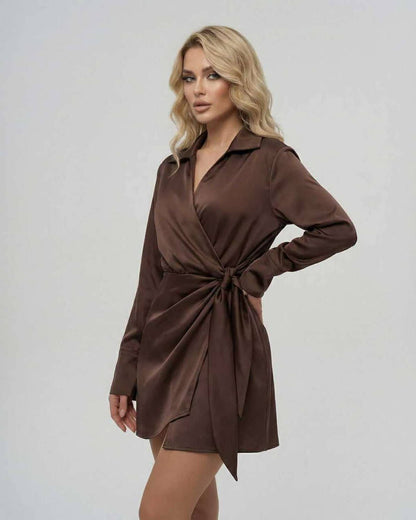 Washed Mini Dress by RAMBLION, brown satin, V neck, elegant for upscale events or casual gatherings.