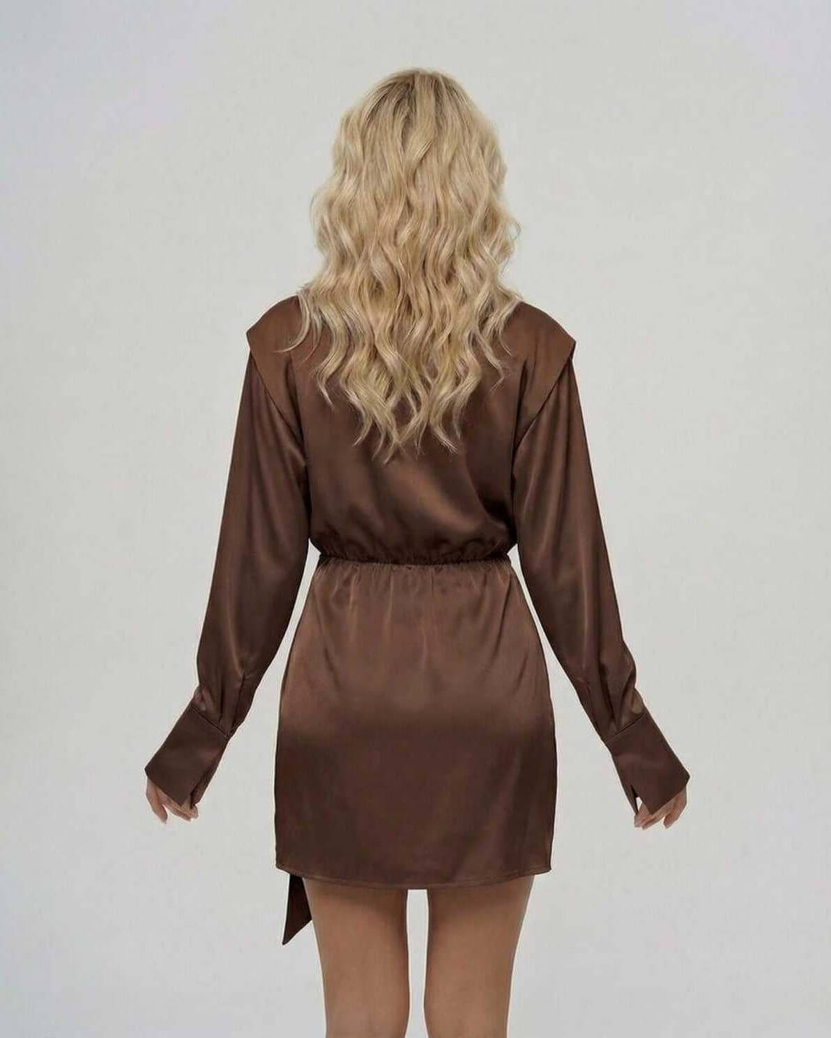 Washed Mini Dress by RAMBLION, elegant brown satin fabric, chic silhouette, perfect for upscale events.