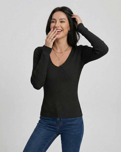 Washed Pullover by RAMBLION, black V-neck sweater for cozy layering, perfect for day to night wear.
