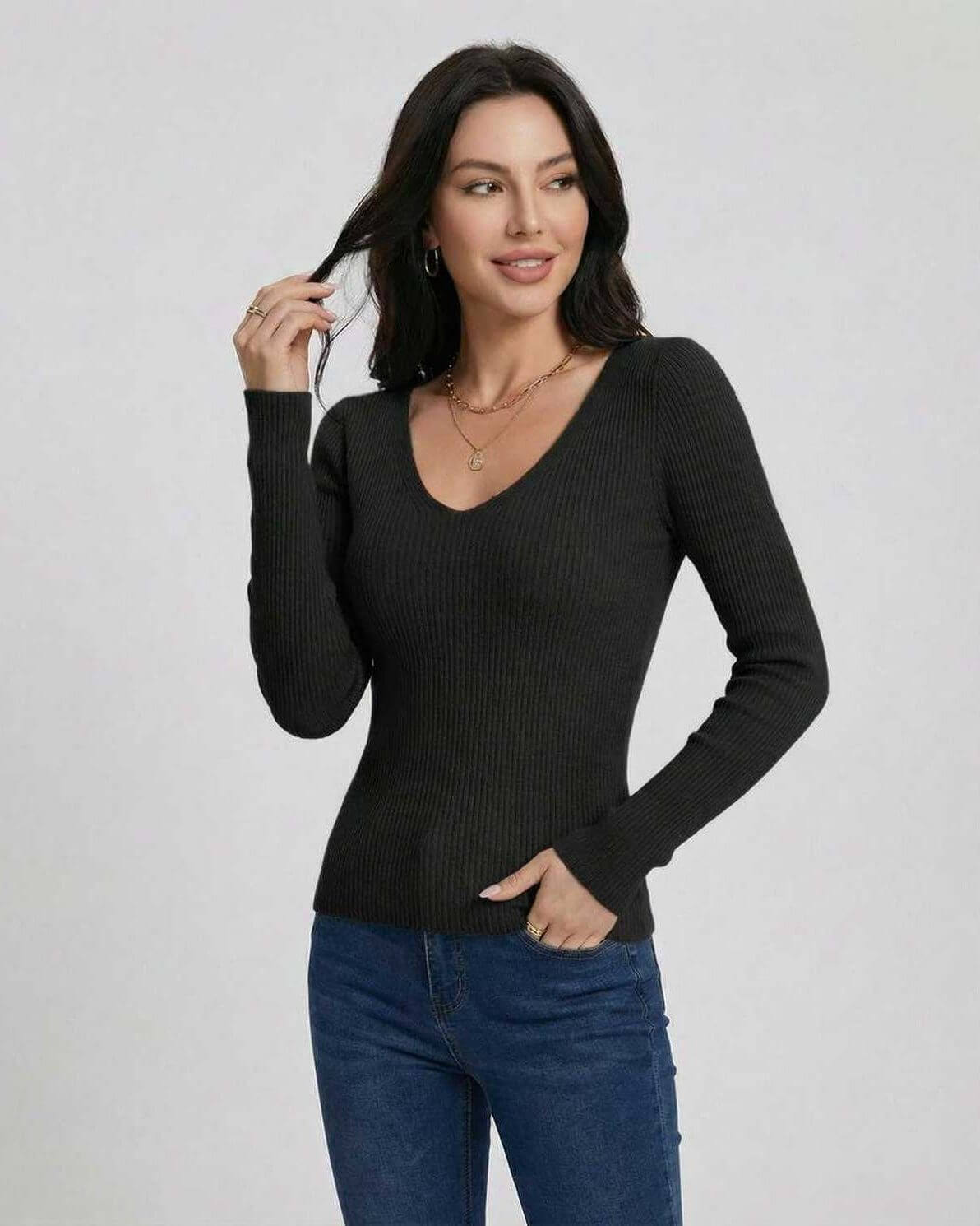Washed Pullover by RAMBLION, black V-neck sweater, cozy fit, perfect for layering and day-to-night styling.