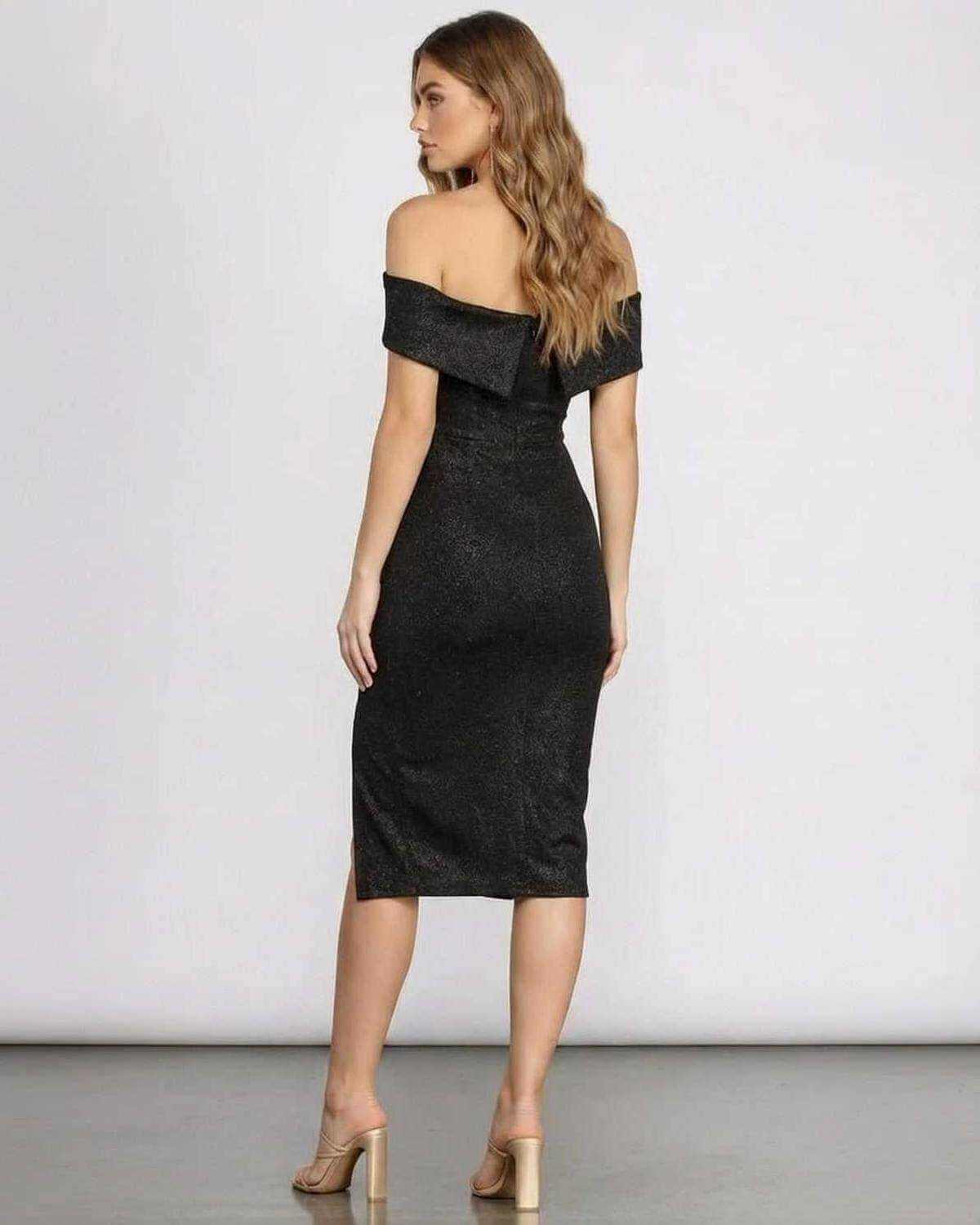 Wava Midi Dress - Black off-shoulder satin dress, elegant silhouette for cocktails or formal events by RAMBLION.