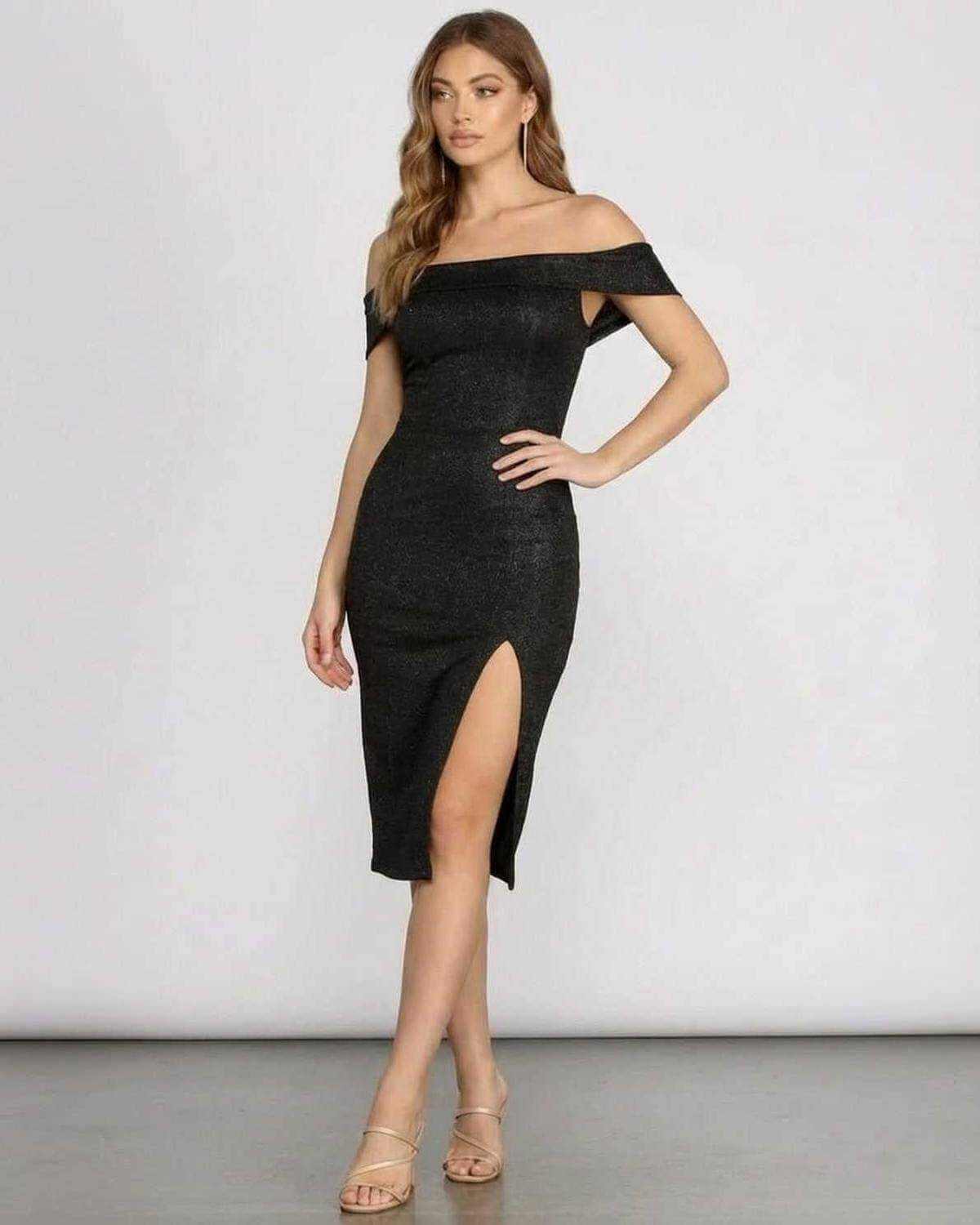 Wava Midi Dress by RAMBLION, black off-shoulder satin, midi-length, perfect for special occasions and evening gatherings.