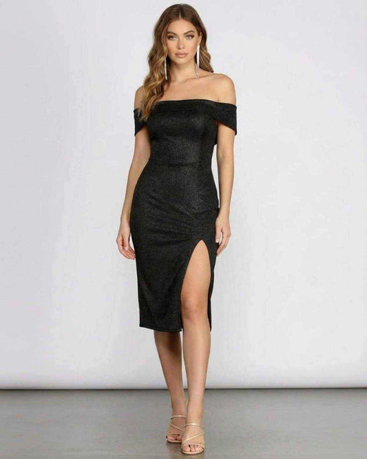 Wava Midi Dress by RAMBLION, black satin off-shoulder, sleek silhouette perfect for evening events and cocktail receptions.