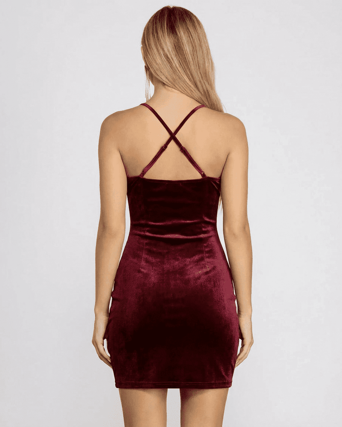Waya Mini Dress from RAMBLION featuring a backless design, cowl neck, and luxurious red velvet fabric for formal occasions.