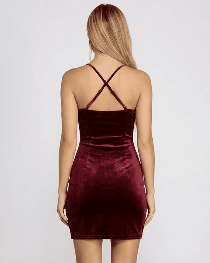 Waya Mini Dress from RAMBLION featuring a backless design, cowl neck, and luxurious red velvet fabric for formal occasions.