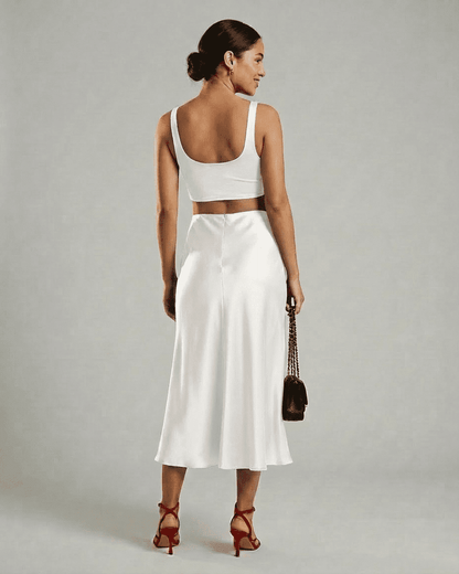 White Satin Midi Skirt, back view | Ramblion | SKU: LMS-74821-white-L-2928,LMS-74821-white-M-7932,LMS-74821-white-S-6494,LMS-74821-white-XL-3689,LMS-74821-white-XS-3372