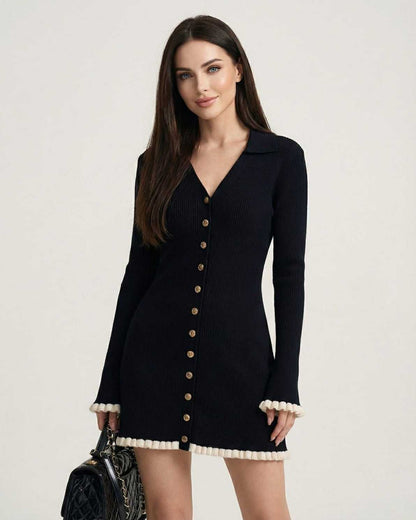 Weda Mini Dress by RAMBLION, black polyester, V-neck, elegant long sleeve, perfect for chic occasions.