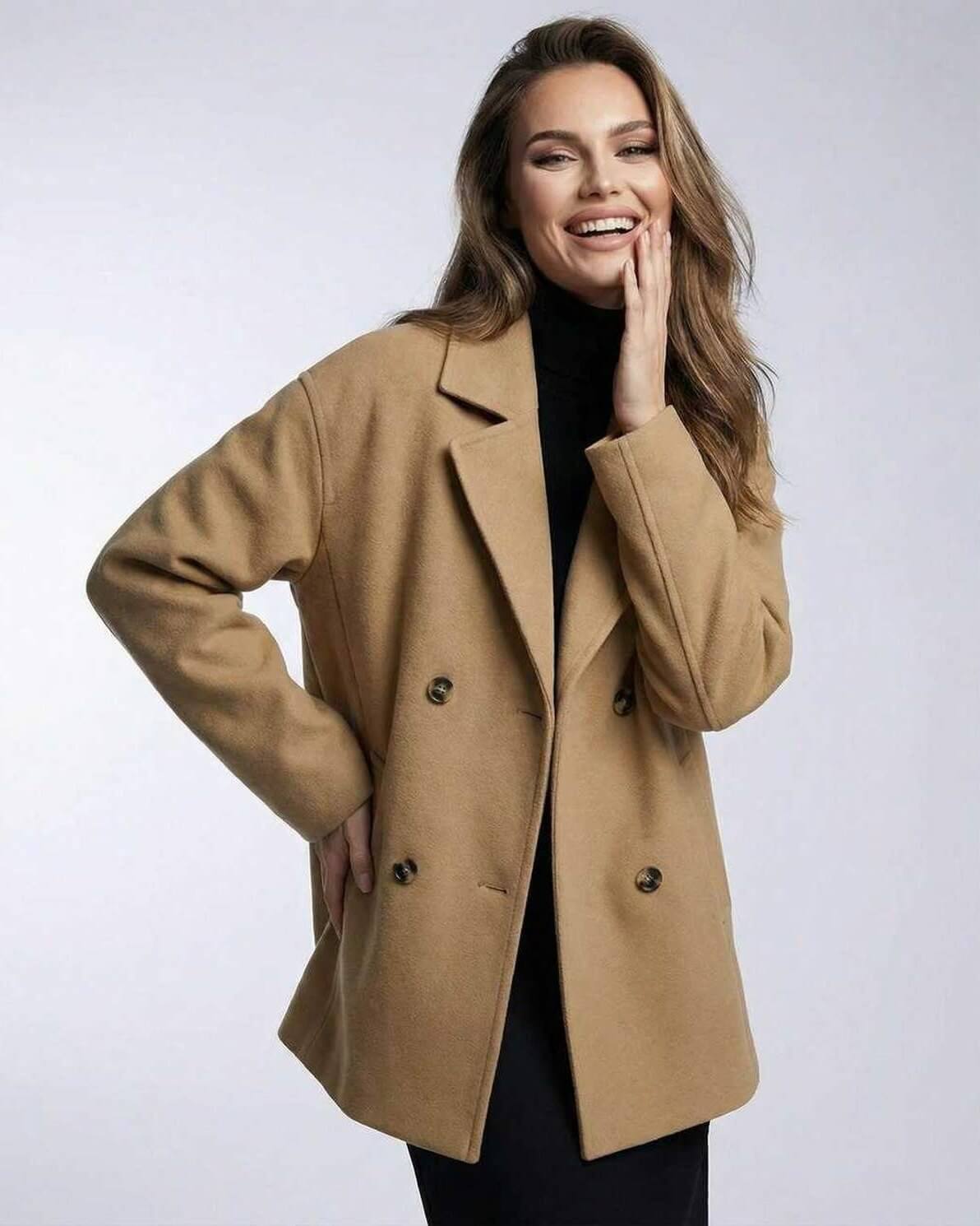 Wela Jacket by RAMBLION, stylish oversized brown coat, soft polyester-cotton blend, perfect for elegant occasions.