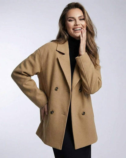 Wela Jacket by RAMBLION, stylish oversized brown coat, soft polyester-cotton blend, perfect for elegant occasions.