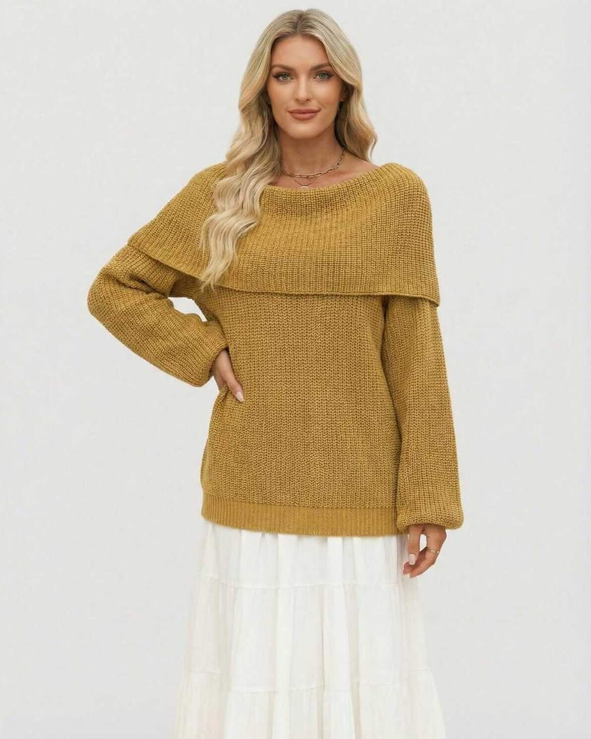 Wela Sweater by RAMBLION, oversized yellow knit pullover with off the shoulder style, perfect for autumn and winter.