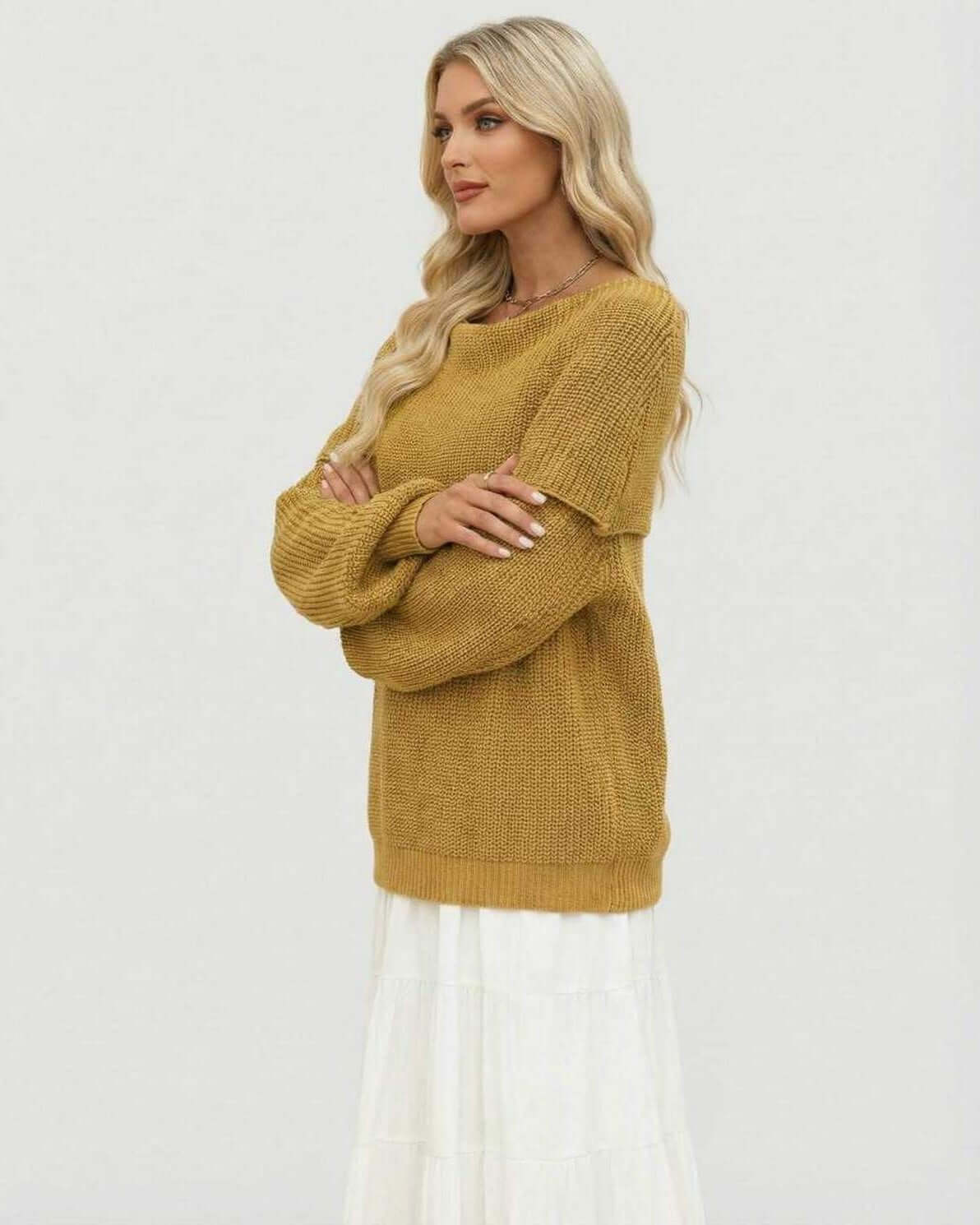 Wela Sweater by RAMBLION, oversized yellow knit, off the shoulder, comfy for autumn and winter, stylish and versatile.