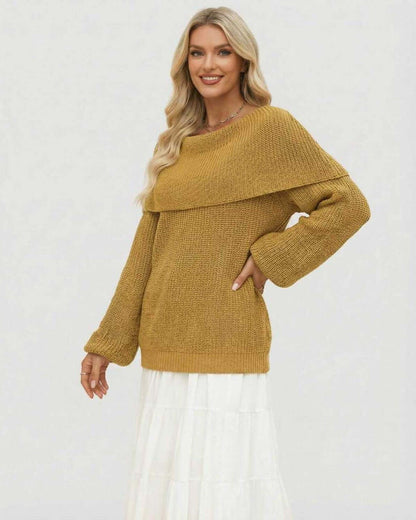 Wela Sweater in mustard, off the shoulder knit, perfect for autumn styles by RAMBLION.