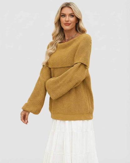 Wela Sweater by RAMBLION, yellow oversized knit, off shoulder silhouette, stylish and comfy for autumn.