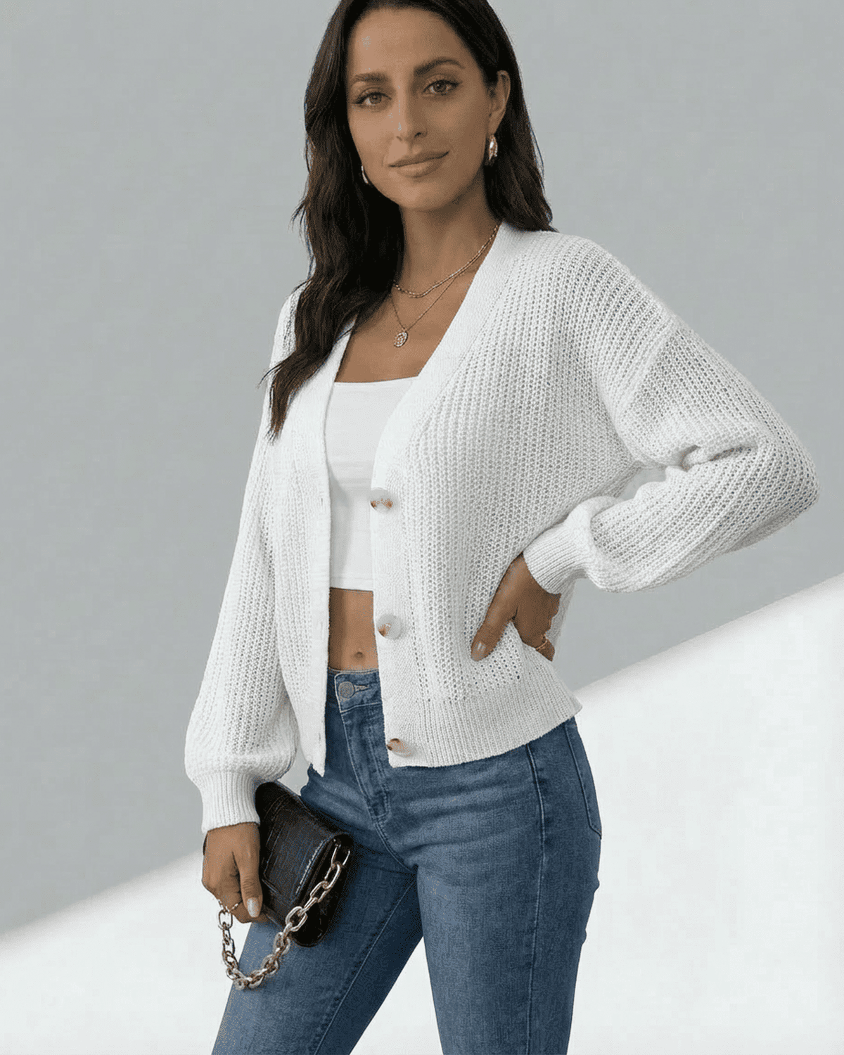 Wema Cardigan by RAMBLION in white, featuring lightweight knit, V-neck, perfect for casual outings.