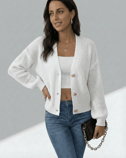 Wema Cardigan in white, lightweight knit texture, V-neckline, perfect for elevating casual outfits, by RAMBLION.