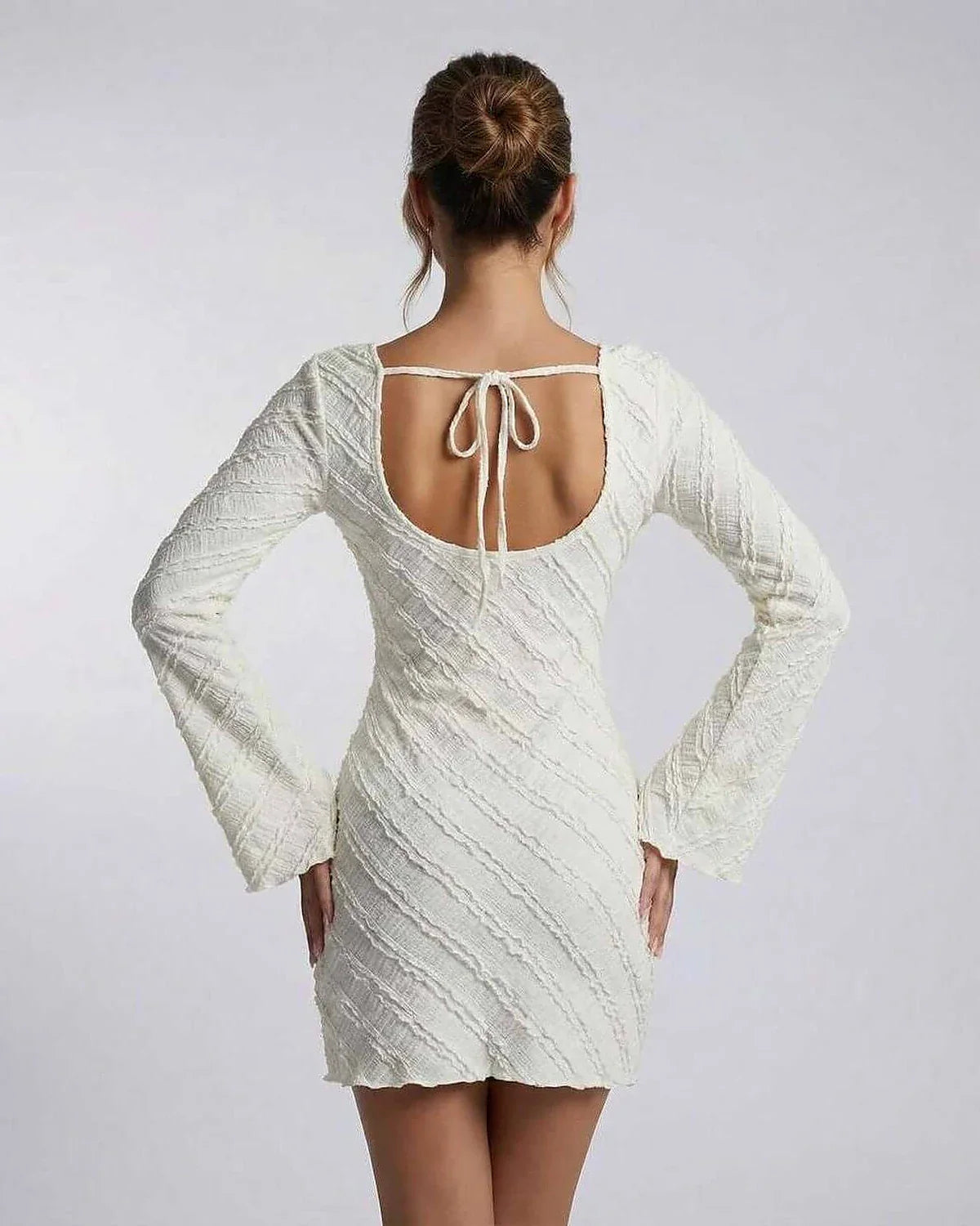 White A-line Boat Neck Long Sleeve Mini Dress | Wedding Season, back view | Ramblion | SKU: SMD-48271-white-L-7240-7435,SMD-48271-white-M-6731-6149,SMD-48271-white-S-8385-379,SMD-48271-white-XL-9689-8956,SMD-48271-white-XS-7076-3541