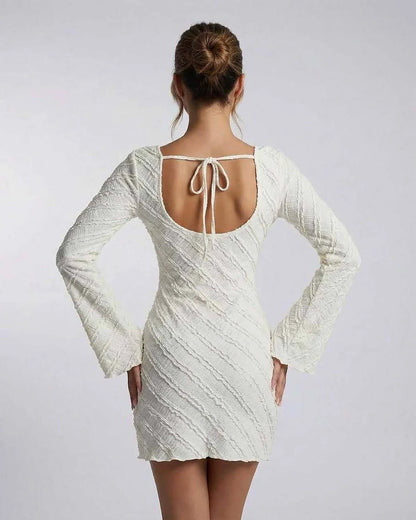 White A-line Boat Neck Long Sleeve Mini Dress | Wedding Season, back view | Ramblion | SKU: SMD-48271-white-L-7240-7435,SMD-48271-white-M-6731-6149,SMD-48271-white-S-8385-379,SMD-48271-white-XL-9689-8956,SMD-48271-white-XS-7076-3541
