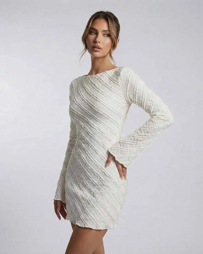 White A-line Boat Neck Long Sleeve Mini Dress | Wedding Season, side view | Ramblion | SKU: SMD-48271-white-L-7240-7435,SMD-48271-white-M-6731-6149,SMD-48271-white-S-8385-379,SMD-48271-white-XL-9689-8956,SMD-48271-white-XS-7076-3541