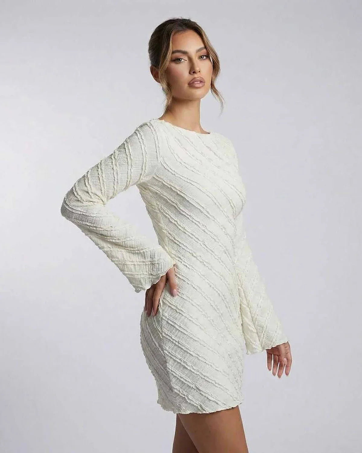 White A-line Boat Neck Long Sleeve Mini Dress | Wedding Season, side view | Ramblion | SKU: SMD-48271-white-L-7240-7435,SMD-48271-white-M-6731-6149,SMD-48271-white-S-8385-379,SMD-48271-white-XL-9689-8956,SMD-48271-white-XS-7076-3541