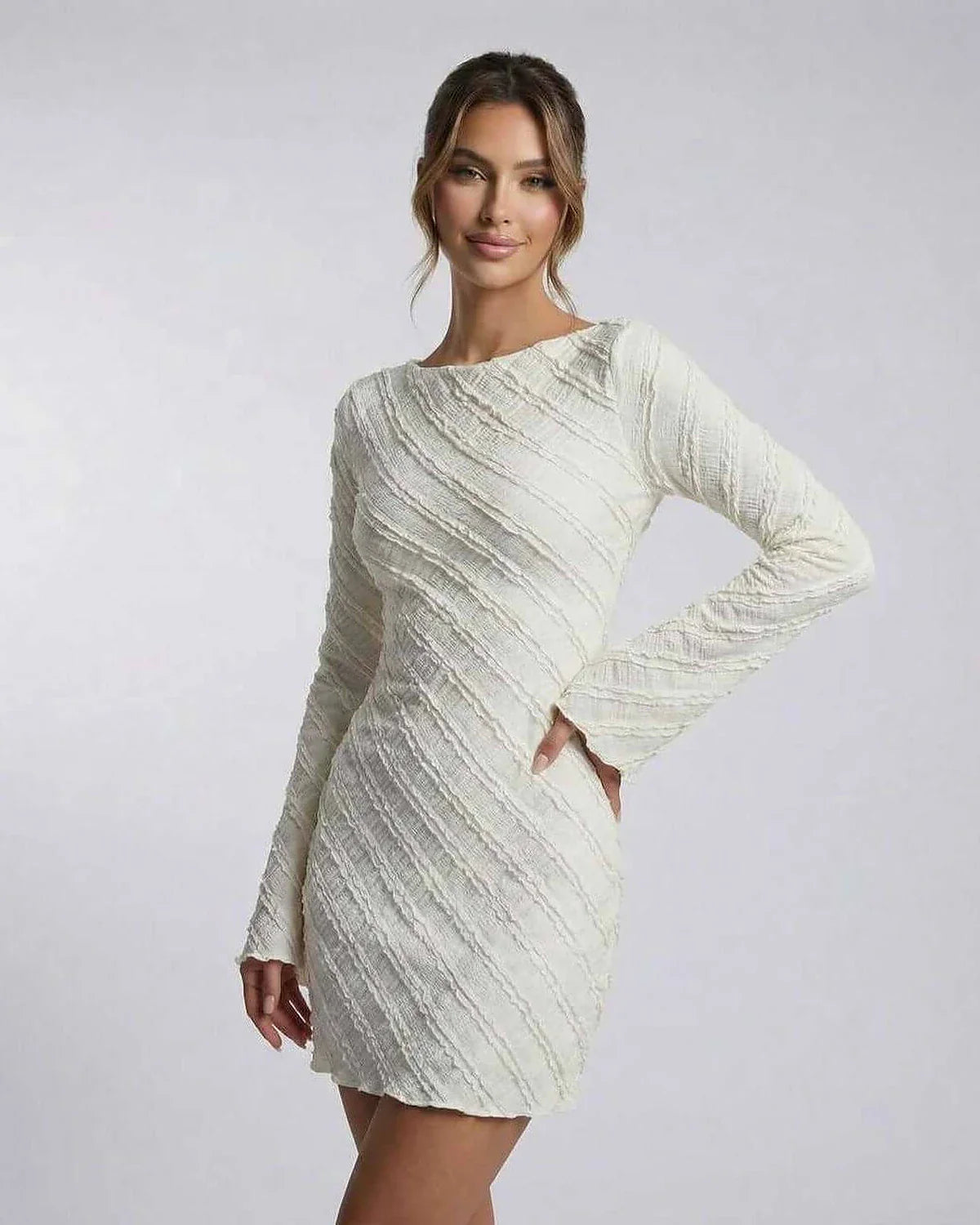 White A-line Boat Neck Long Sleeve Mini Dress | Wedding Season, front view | Ramblion | SKU: SMD-48271-white-L-7240-7435,SMD-48271-white-M-6731-6149,SMD-48271-white-S-8385-379,SMD-48271-white-XL-9689-8956,SMD-48271-white-XS-7076-3541