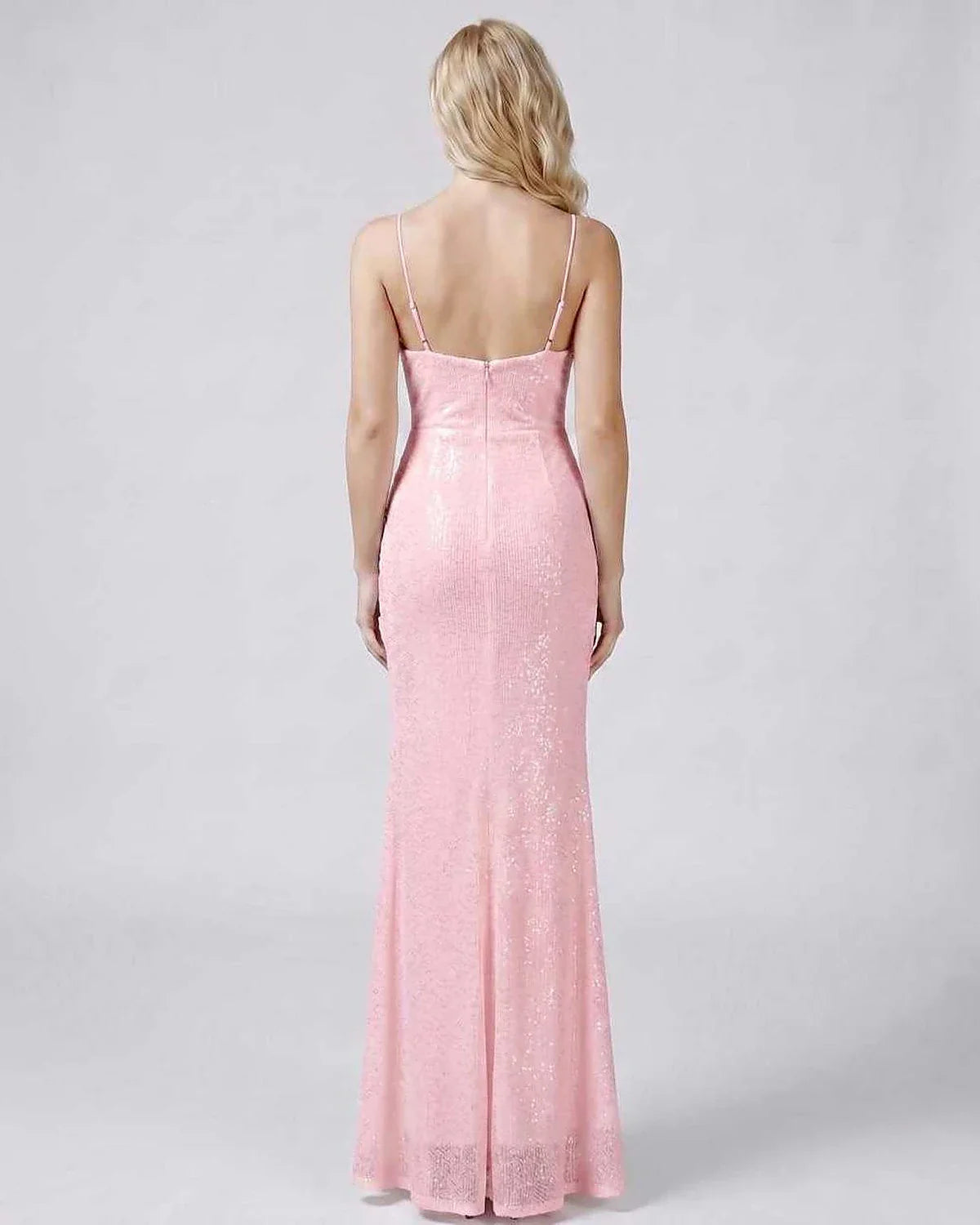 White,black,green,blue,red,beige,silver,pink Mermaid V-Neck Sleeveless Maxi Dress | Formal Occasions & Evening Parties, back | SKU: RB-4E4B5E-PINK-L,RB-4E4B5E-PINK-M,RB-4E4B5E-PINK-S,RB-4E4B5E-PINK-XL,RB-4E4B5E-PINK-XS