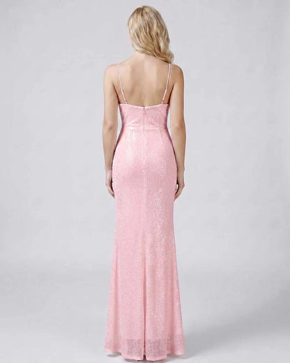 White,black,green,blue,red,beige,silver,pink Mermaid V-Neck Sleeveless Maxi Dress | Formal Occasions & Evening Parties, back | SKU: RB-4E4B5E-PINK-L,RB-4E4B5E-PINK-M,RB-4E4B5E-PINK-S,RB-4E4B5E-PINK-XL,RB-4E4B5E-PINK-XS
