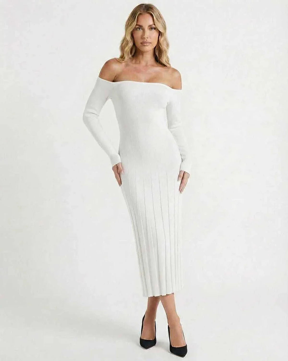 White Bodycon Bardot Neck Long Sleeve Midi Dress | Wedding Season, front view | Ramblion | SKU: NMD-273849561-white-L-5498,NMD-273849561-white-M-8510,NMD-273849561-white-S-6762,NMD-273849561-white-XL-8383,NMD-273849561-white-XS-1916