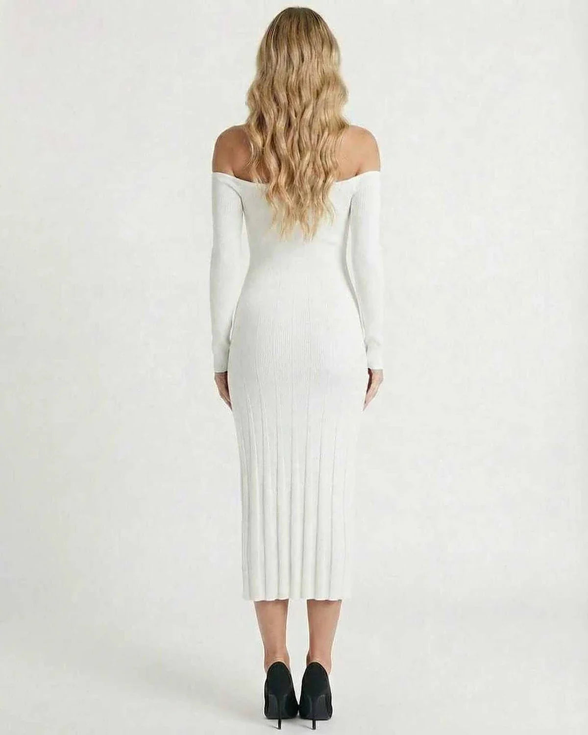 White Bodycon Bardot Neck Long Sleeve Midi Dress | Wedding Season, back view | Ramblion | SKU: NMD-273849561-white-L-5498,NMD-273849561-white-M-8510,NMD-273849561-white-S-6762,NMD-273849561-white-XL-8383,NMD-273849561-white-XS-1916