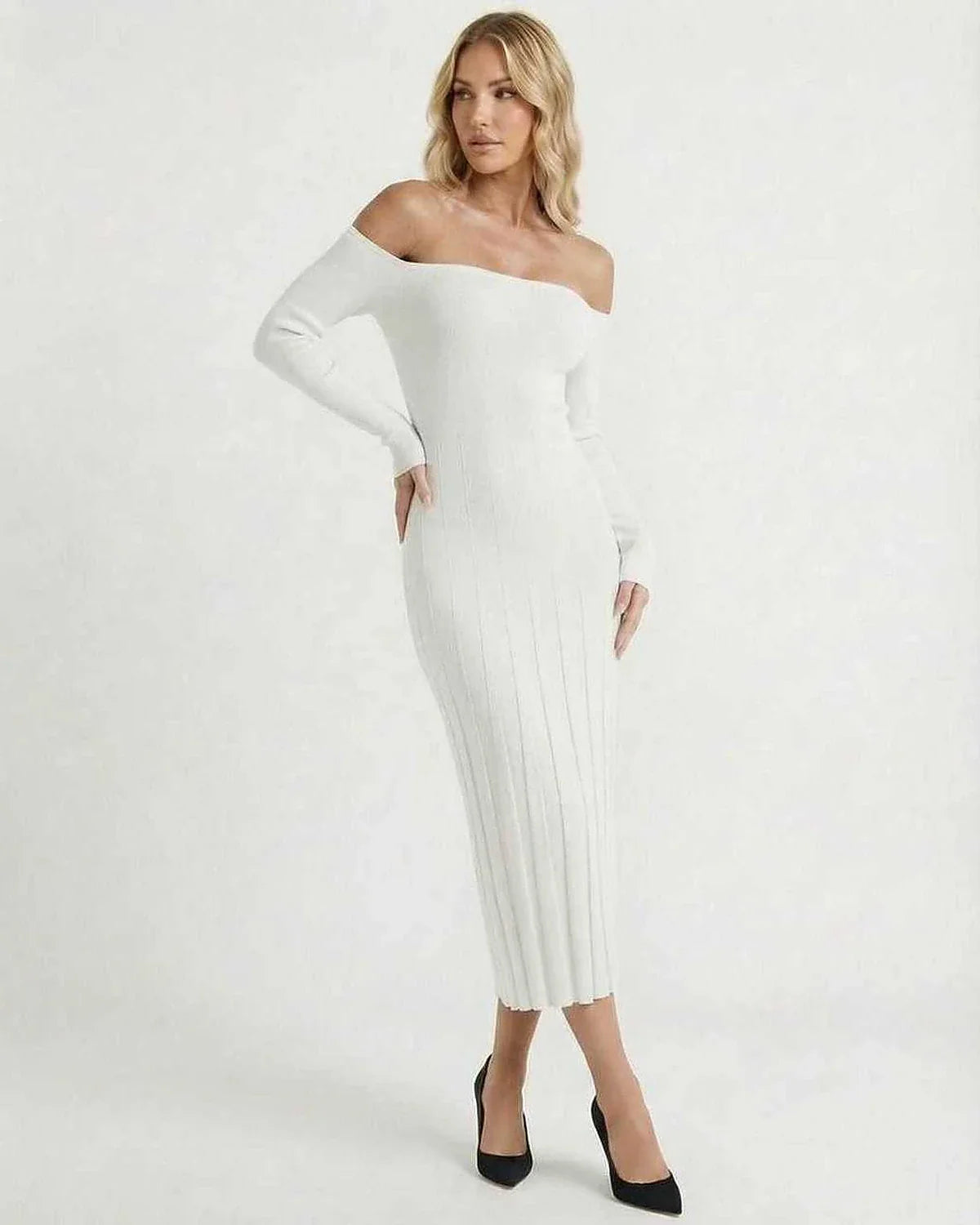 White Bodycon Bardot Neck Long Sleeve Midi Dress | Wedding Season, side view | Ramblion | SKU: NMD-273849561-white-L-5498,NMD-273849561-white-M-8510,NMD-273849561-white-S-6762,NMD-273849561-white-XL-8383,NMD-273849561-white-XS-1916